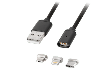 Magnetic 3-in-1 100 cm USB Cable - Micro USB, USB C, iPhone Lightning -  Krüger&Matz
